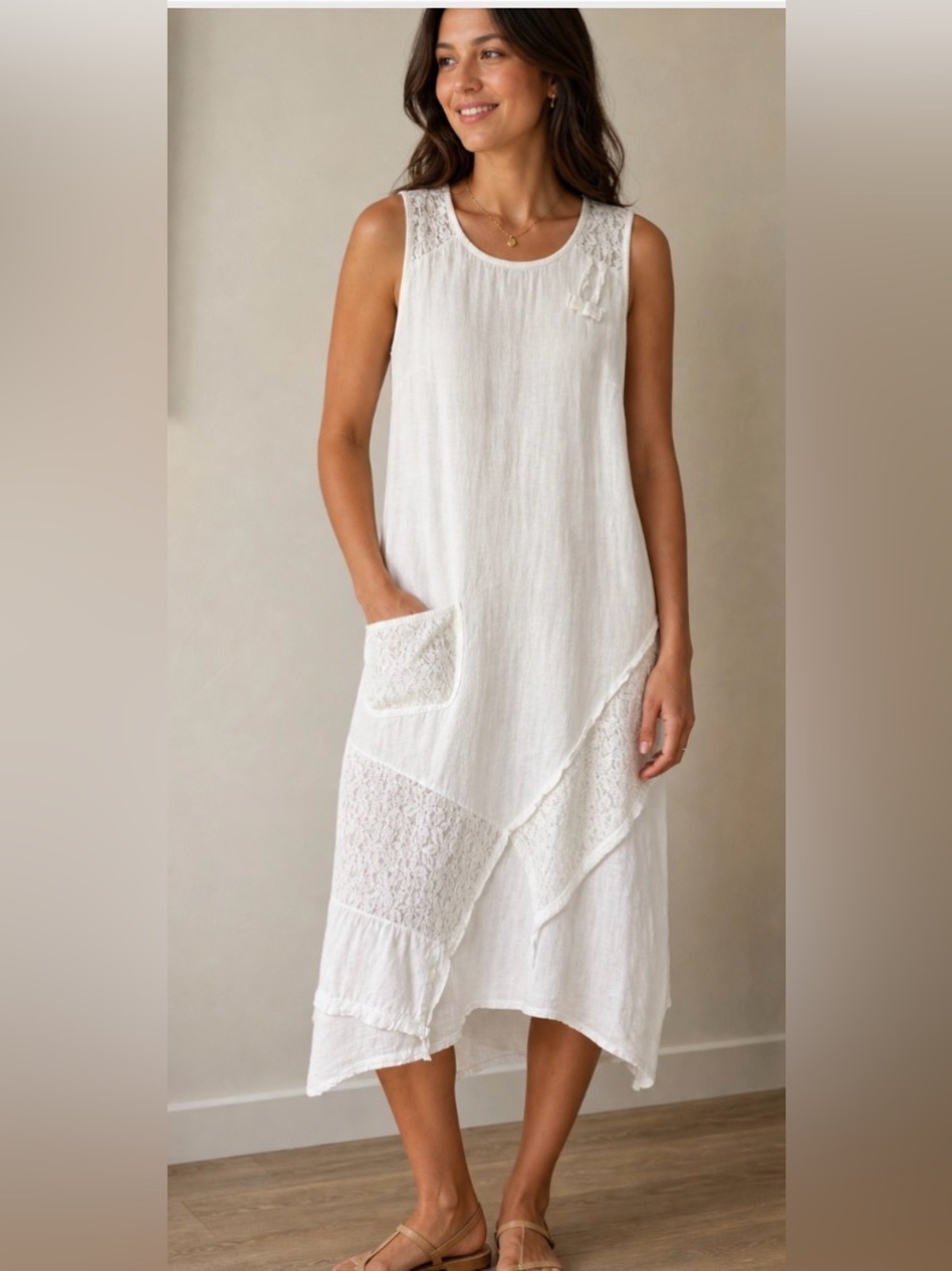 Sleeveless White Linen Maxi Dress with Lace Panels